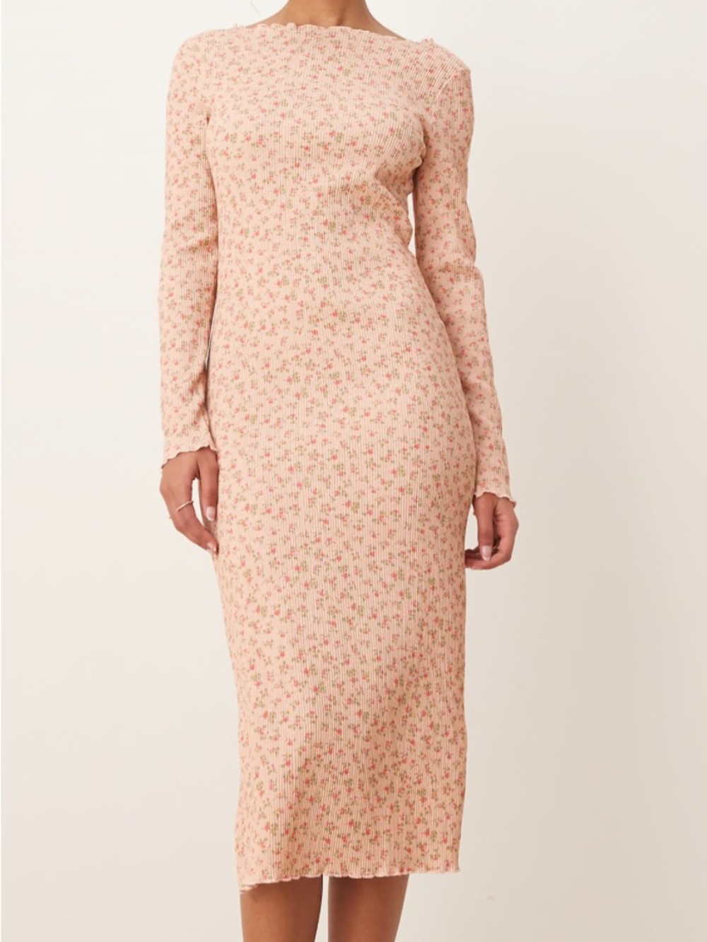 AWARE Plisse Floral Midi Dress Size Medium Light Pink Long Sleeve